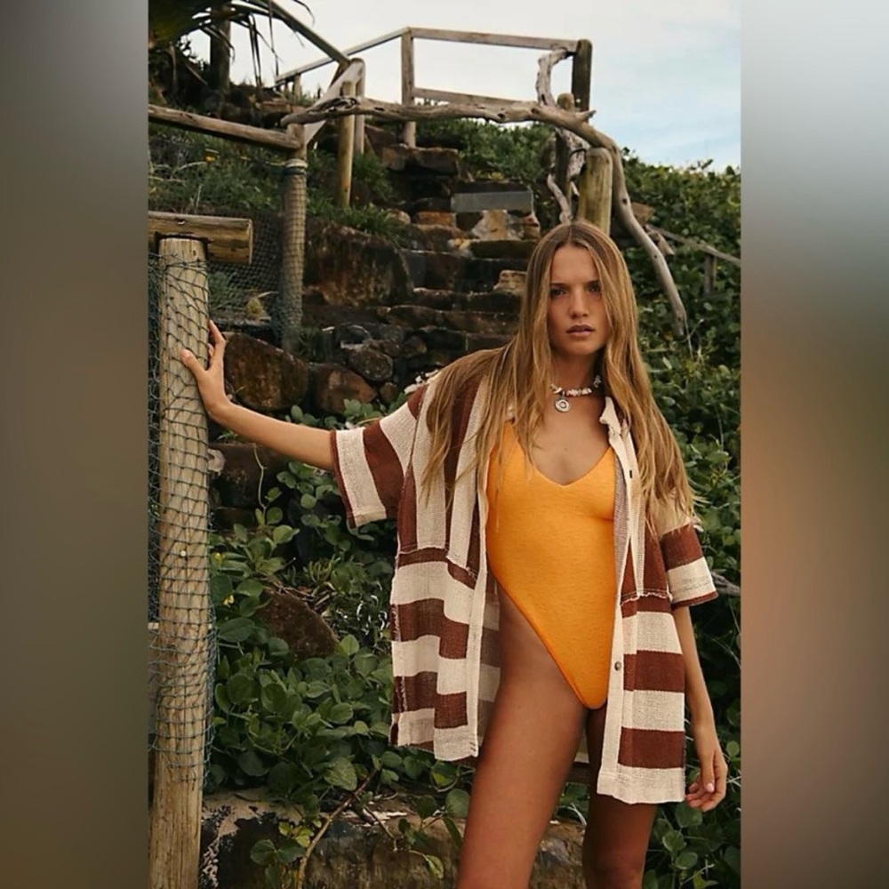 Free People Del Mar Cabana Shirt XS Coverup Slouchy Brown Oversized Bikini cover